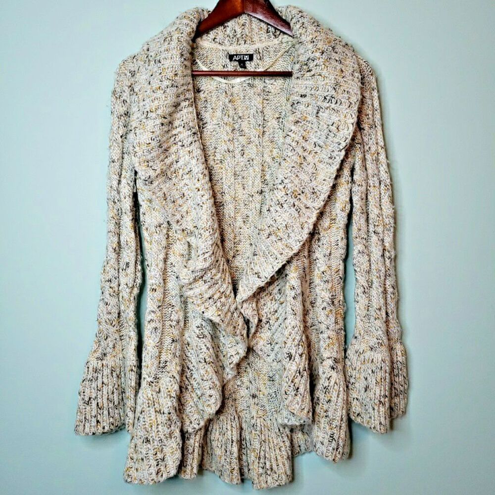 Long Cardigan Sweater Open Front Neutral Fall Chunky Knit Ruffle Womens Medium